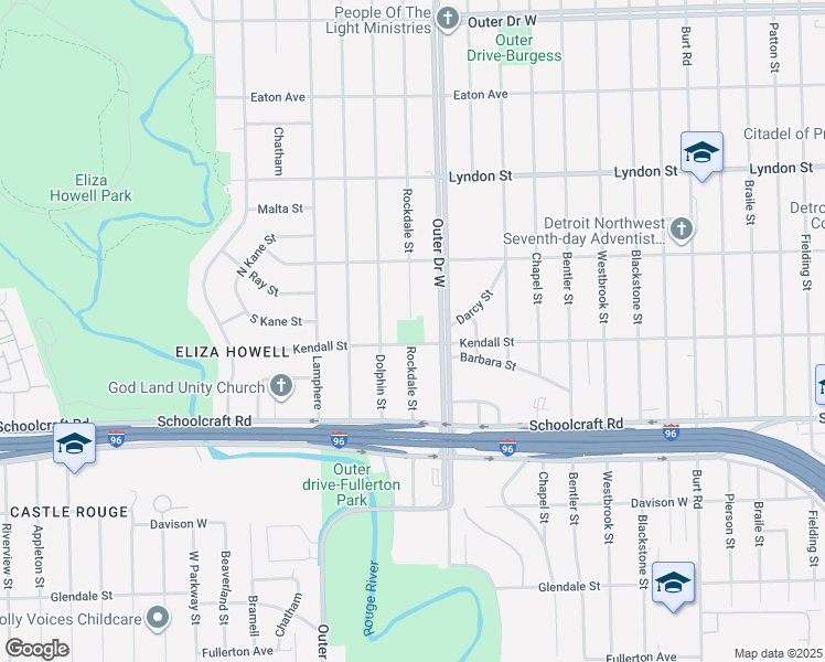 map of restaurants, bars, coffee shops, grocery stores, and more near 14144 Rockdale St in Detroit