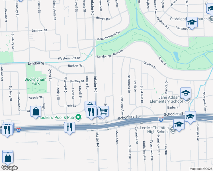 map of restaurants, bars, coffee shops, grocery stores, and more near 14174 Seminole in Redford Charter Township