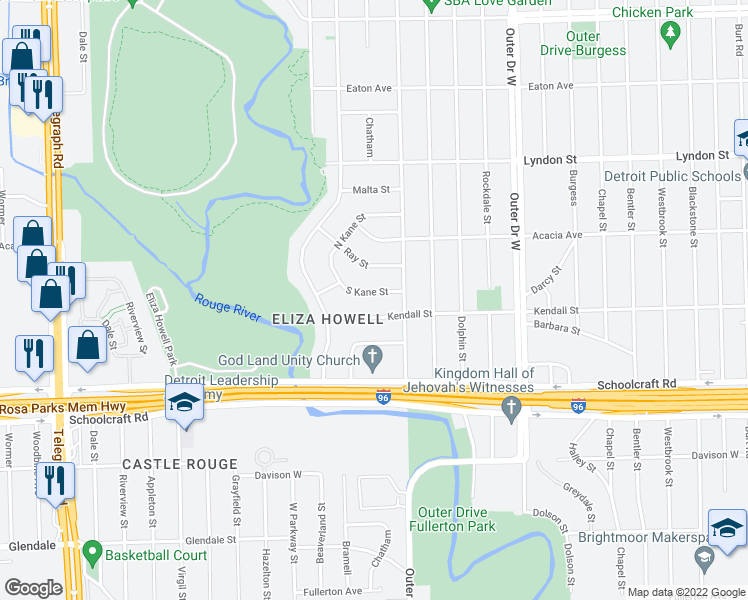 map of restaurants, bars, coffee shops, grocery stores, and more near 22477 South Kane Street in Detroit