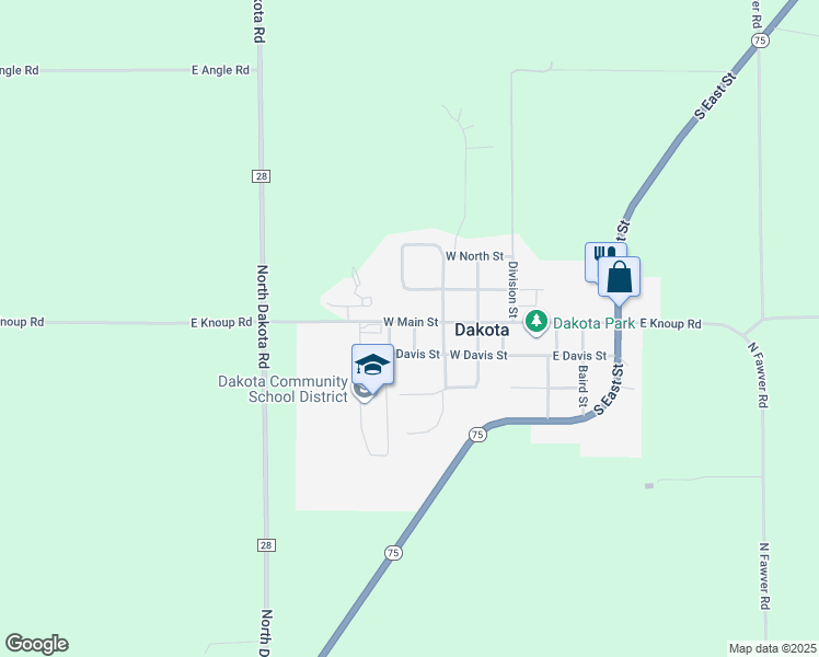 map of restaurants, bars, coffee shops, grocery stores, and more near 401 West Main Street in Dakota