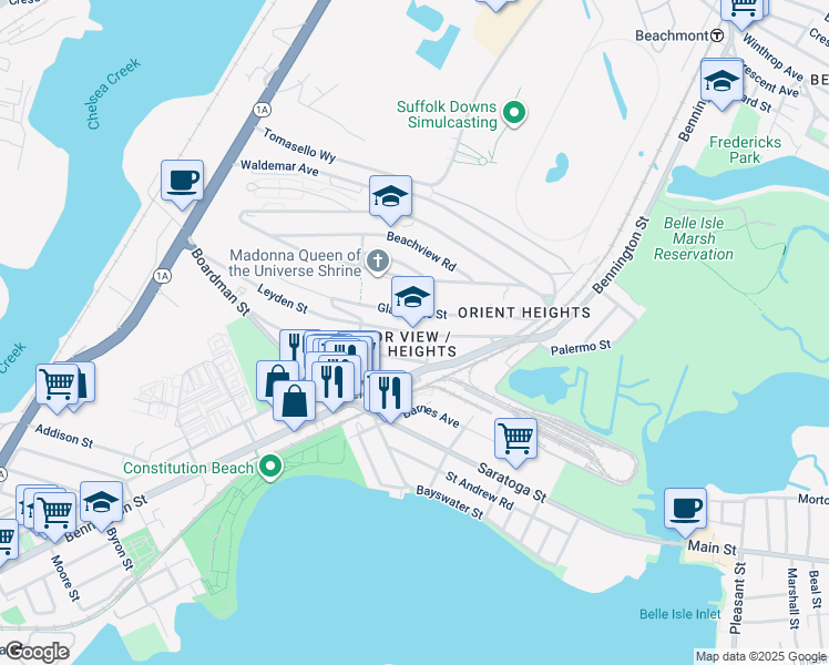 map of restaurants, bars, coffee shops, grocery stores, and more near 195 Leyden Street in Boston