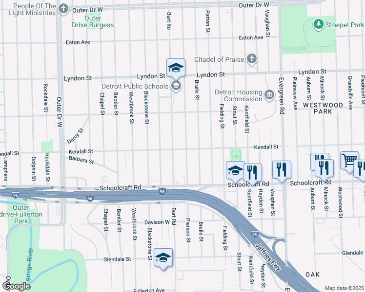 map of restaurants, bars, coffee shops, grocery stores, and more near 14103 Pierson Street in Detroit