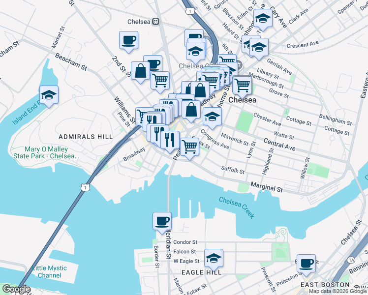 map of restaurants, bars, coffee shops, grocery stores, and more near 62 Pearl Street in Chelsea