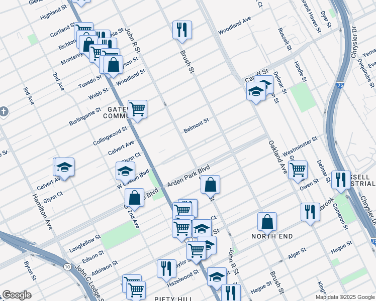 map of restaurants, bars, coffee shops, grocery stores, and more near John R Street in Detroit