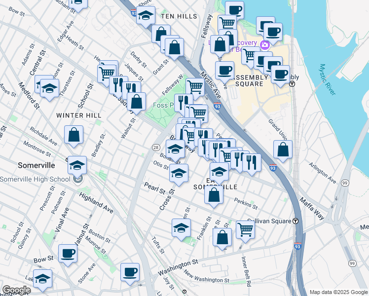 map of restaurants, bars, coffee shops, grocery stores, and more near 174 Broadway in Somerville
