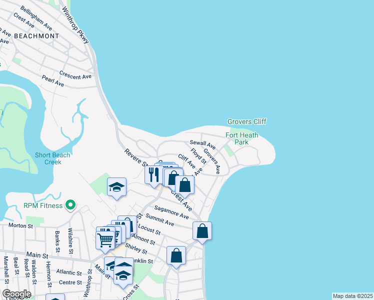 map of restaurants, bars, coffee shops, grocery stores, and more near 28 Floyd Street in Winthrop