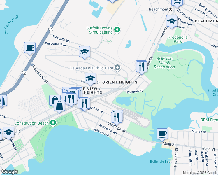 map of restaurants, bars, coffee shops, grocery stores, and more near 1148 Bennington Street in Boston