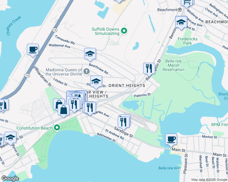 map of restaurants, bars, coffee shops, grocery stores, and more near 231 Leyden Street in Boston