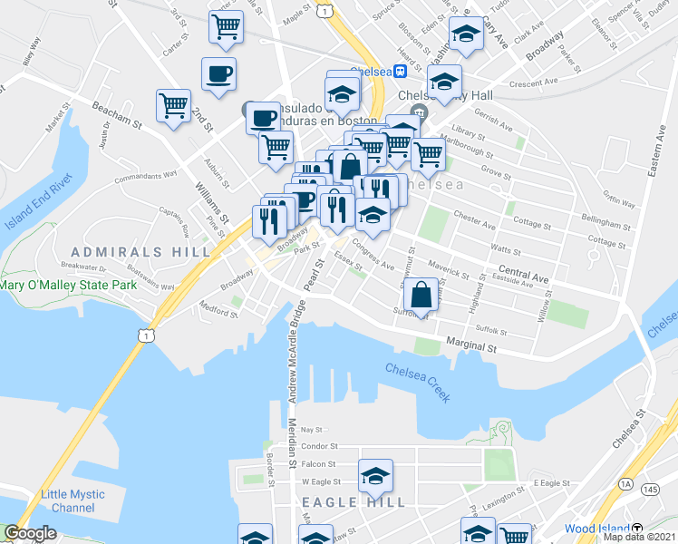 map of restaurants, bars, coffee shops, grocery stores, and more near 30 Hawthorne Street in Chelsea