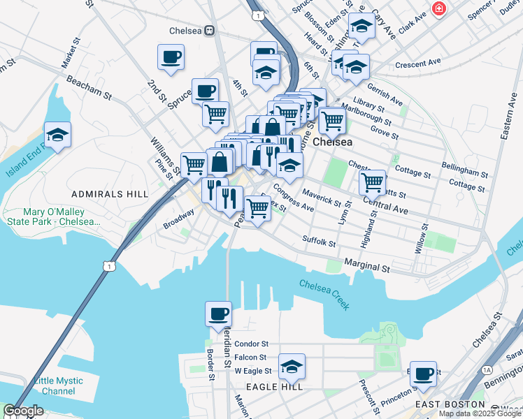 map of restaurants, bars, coffee shops, grocery stores, and more near 30 Hawthorne Street in Chelsea