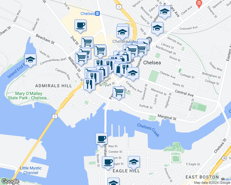 map of restaurants, bars, coffee shops, grocery stores, and more near 62 Pearl Street in Chelsea