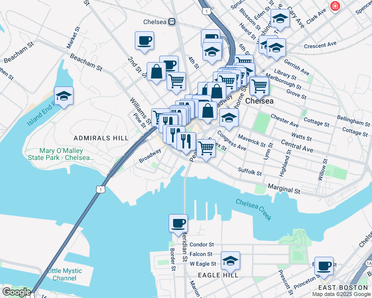 map of restaurants, bars, coffee shops, grocery stores, and more near 62 Pearl Street in Chelsea