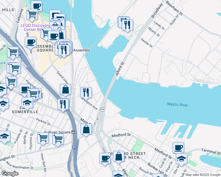 map of restaurants, bars, coffee shops, grocery stores, and more near 62 Alford Street in Boston