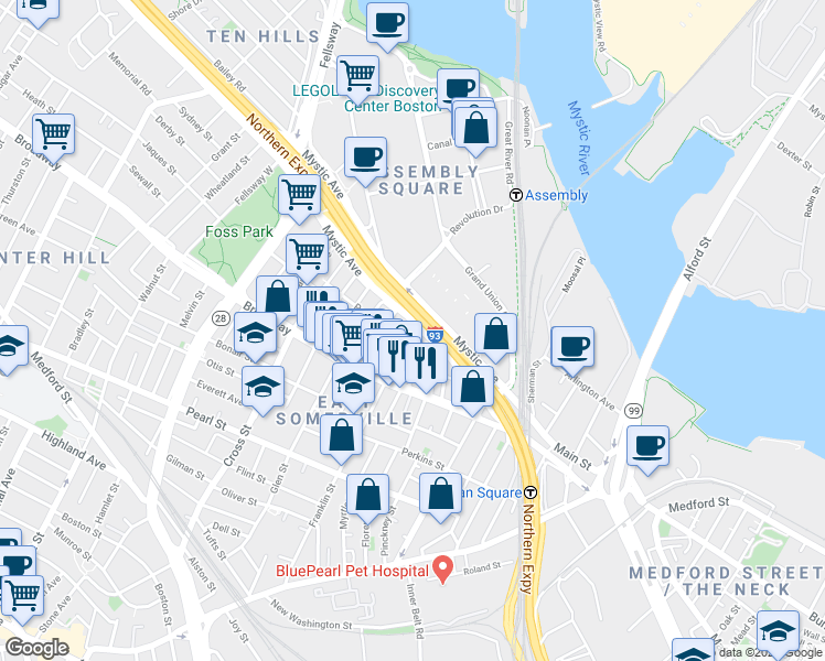 map of restaurants, bars, coffee shops, grocery stores, and more near 34 Indiana Avenue in Somerville