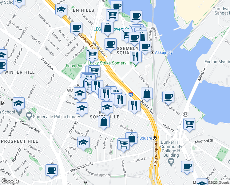 map of restaurants, bars, coffee shops, grocery stores, and more near 34 Indiana Avenue in Somerville
