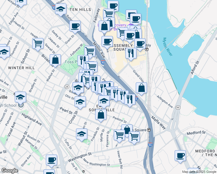 map of restaurants, bars, coffee shops, grocery stores, and more near 24 Michigan Avenue in Somerville