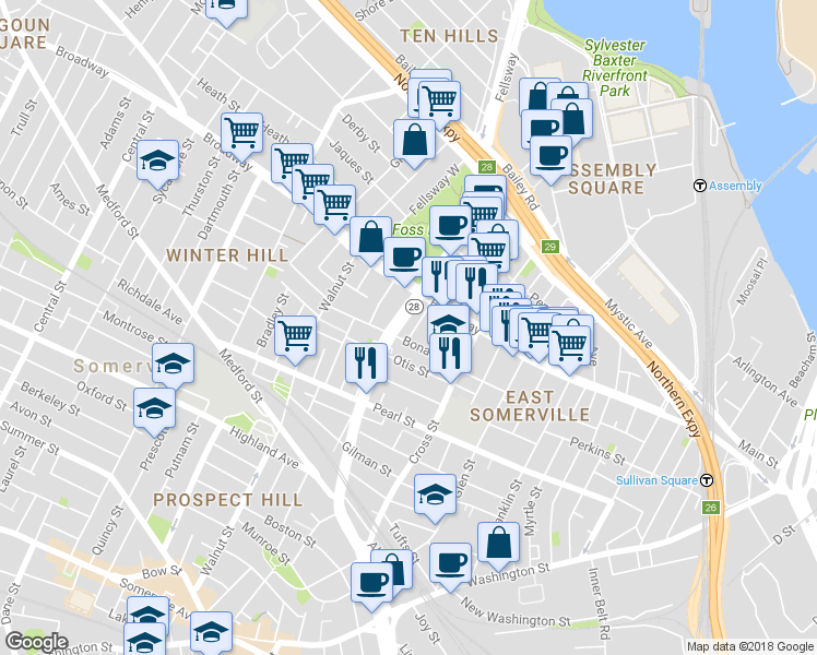map of restaurants, bars, coffee shops, grocery stores, and more near 23 Bonair Street in Somerville