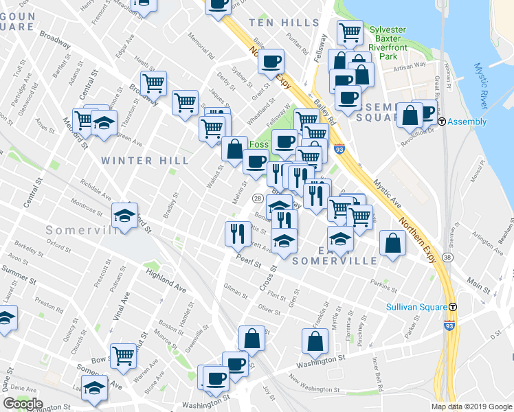 map of restaurants, bars, coffee shops, grocery stores, and more near in Somerville