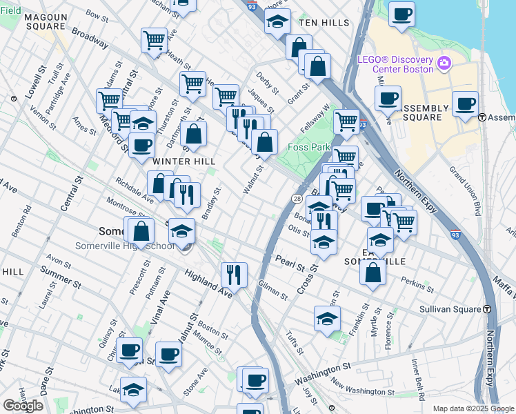 map of restaurants, bars, coffee shops, grocery stores, and more near 39 Wigglesworth Street in Somerville