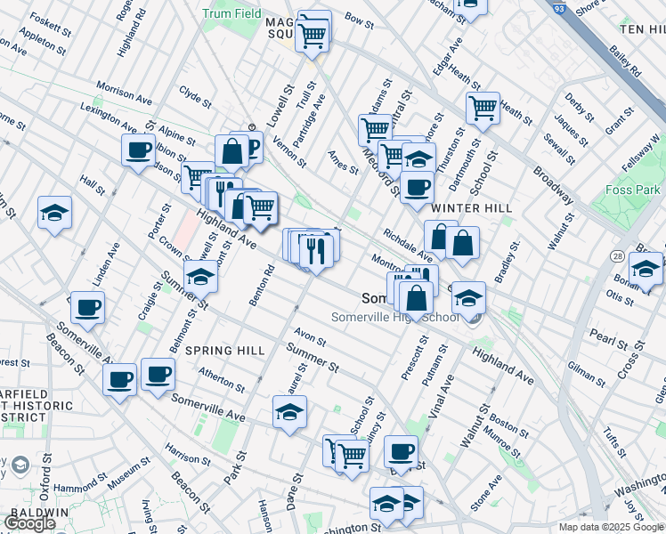 map of restaurants, bars, coffee shops, grocery stores, and more near 149a Highland Avenue in Somerville