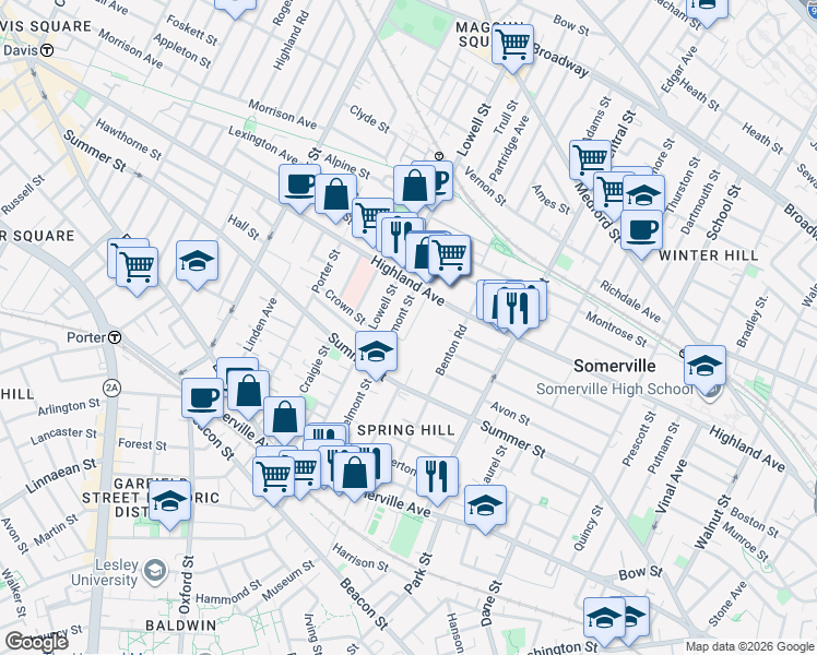 map of restaurants, bars, coffee shops, grocery stores, and more near 16 Spring Hill Terrace in Somerville