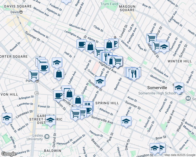 map of restaurants, bars, coffee shops, grocery stores, and more near 121 Lowell Street in Somerville