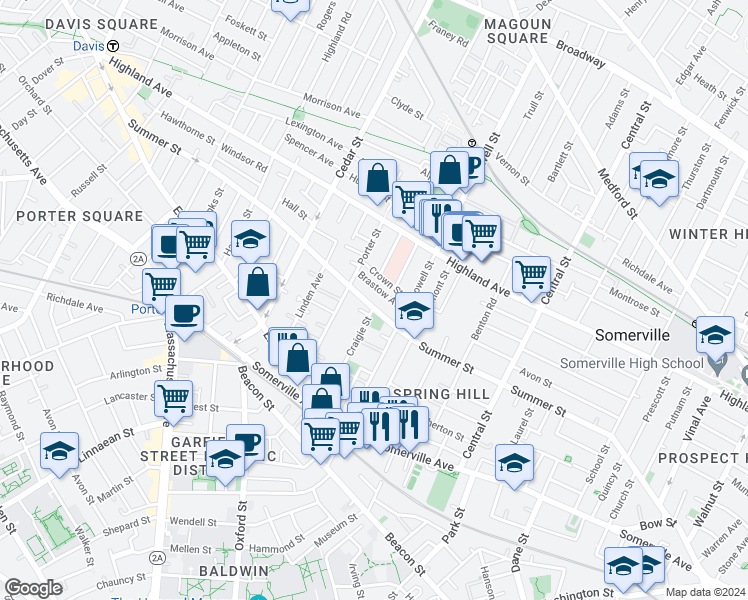 map of restaurants, bars, coffee shops, grocery stores, and more near 215 Summer Street in Somerville