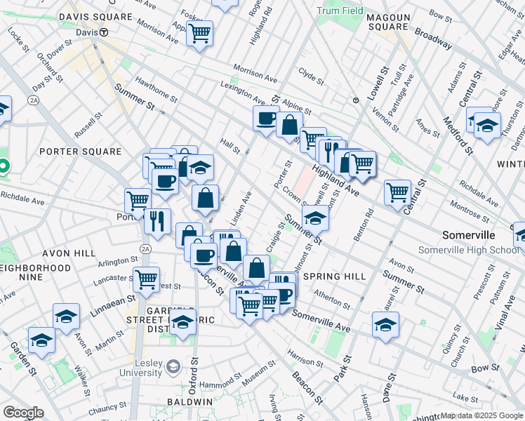 map of restaurants, bars, coffee shops, grocery stores, and more near 47 Porter Street in Somerville