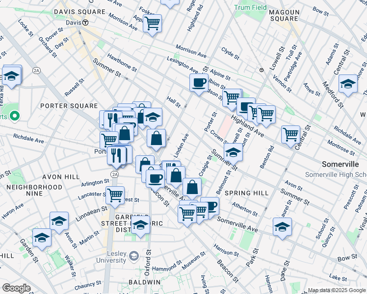 map of restaurants, bars, coffee shops, grocery stores, and more near 29a Linden Avenue in Somerville
