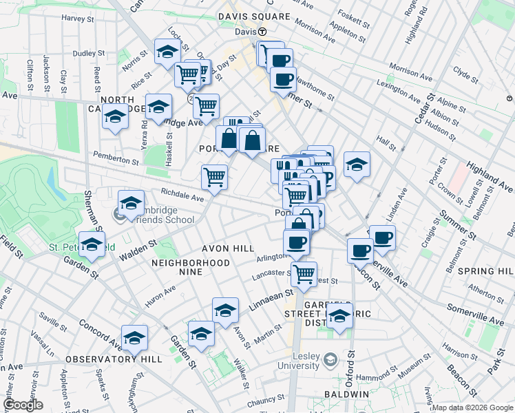 map of restaurants, bars, coffee shops, grocery stores, and more near 33 Richdale Avenue in Cambridge