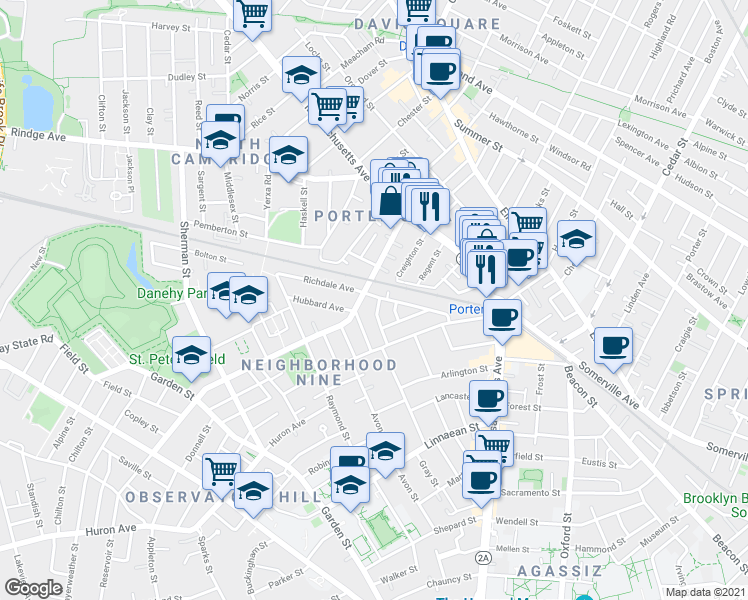 map of restaurants, bars, coffee shops, grocery stores, and more near 78 Richdale Avenue in Cambridge
