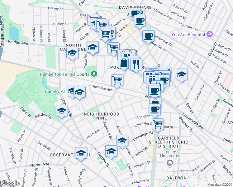 map of restaurants, bars, coffee shops, grocery stores, and more near 77 Walden Street in Cambridge