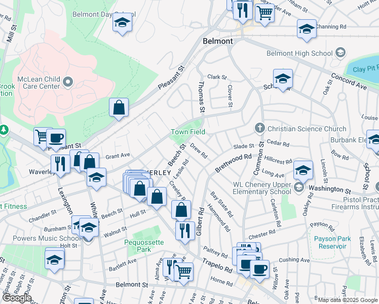 map of restaurants, bars, coffee shops, grocery stores, and more near 28 Upland Road in Belmont