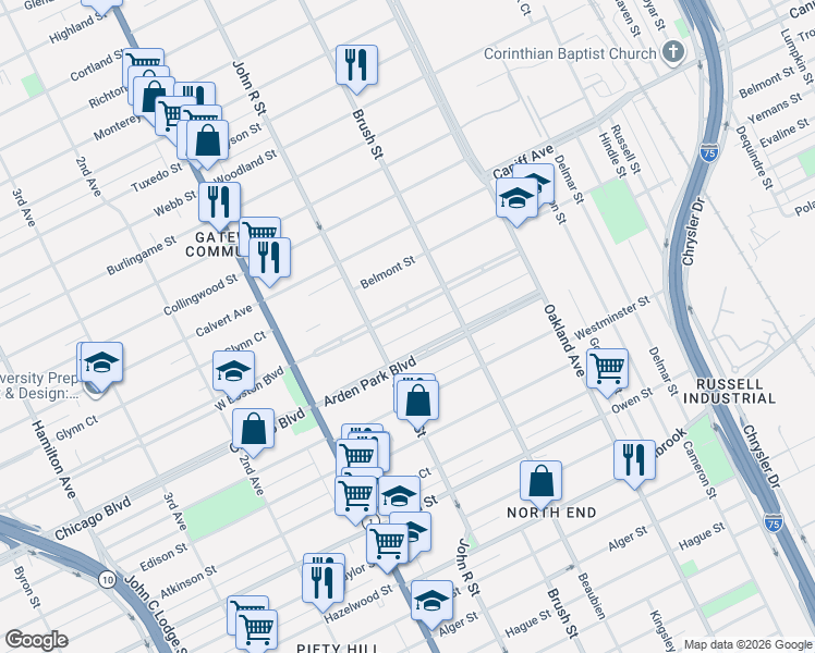 map of restaurants, bars, coffee shops, grocery stores, and more near 250 East Boston Boulevard in Detroit