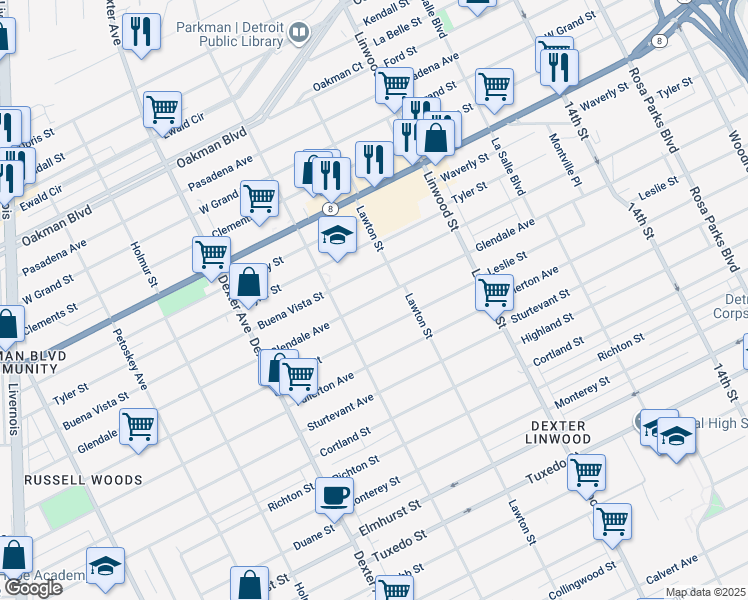 map of restaurants, bars, coffee shops, grocery stores, and more near 2979 Glendale Avenue in Detroit