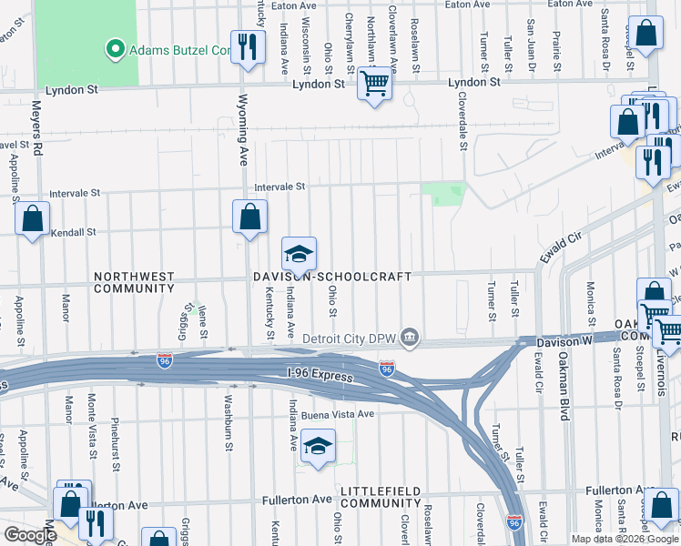map of restaurants, bars, coffee shops, grocery stores, and more near 13658 Cherrylawn Street in Detroit