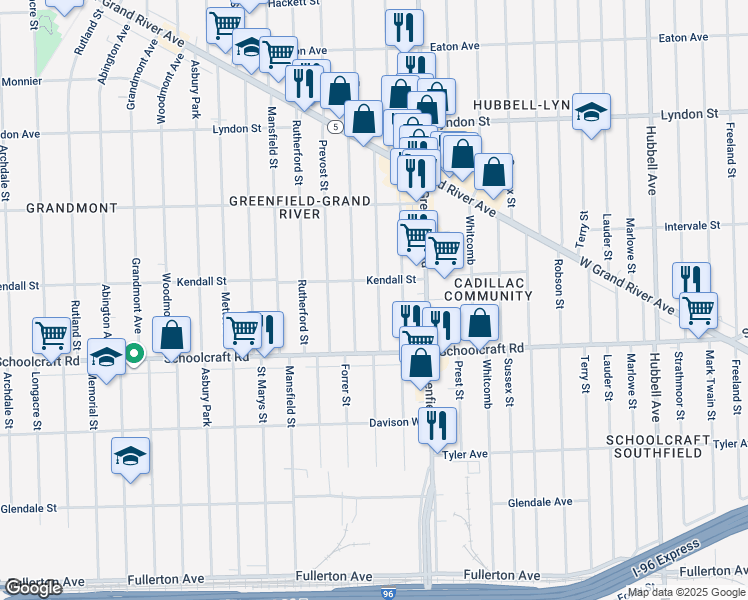 map of restaurants, bars, coffee shops, grocery stores, and more near 14003 Montrose Street in Detroit
