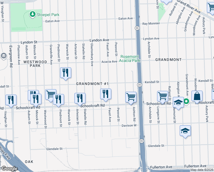 map of restaurants, bars, coffee shops, grocery stores, and more near 14026 Greenview Road in Detroit