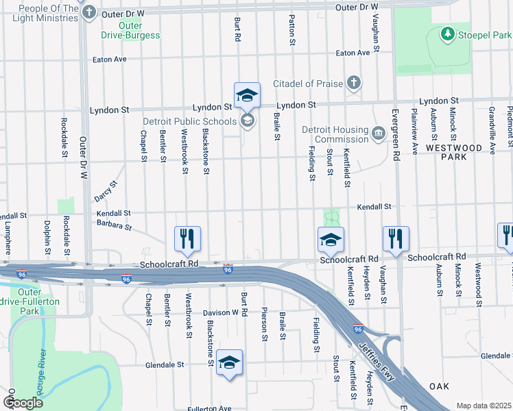map of restaurants, bars, coffee shops, grocery stores, and more near 14103 Pierson Street in Detroit
