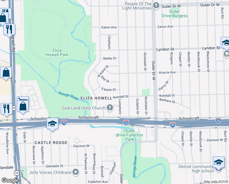 map of restaurants, bars, coffee shops, grocery stores, and more near 22424 Kendall Street in Detroit