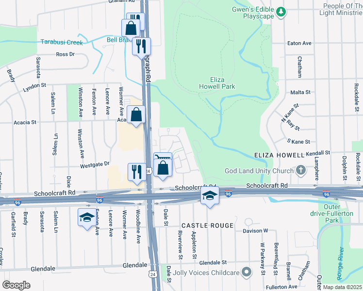 map of restaurants, bars, coffee shops, grocery stores, and more near 14075 Riverview Street in Detroit