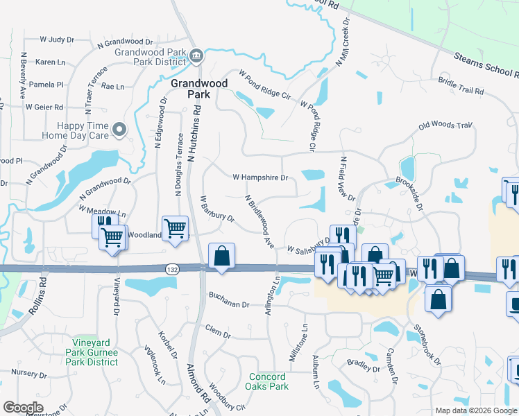 map of restaurants, bars, coffee shops, grocery stores, and more near 36182 North Bridlewood Avenue in Gurnee