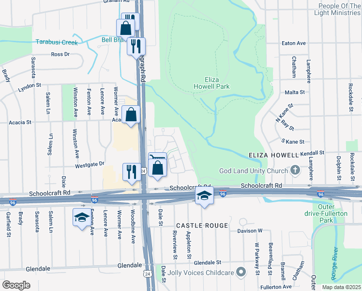 map of restaurants, bars, coffee shops, grocery stores, and more near 14200 Riverview Street in Detroit