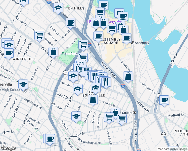 map of restaurants, bars, coffee shops, grocery stores, and more near 24 Michigan Avenue in Somerville