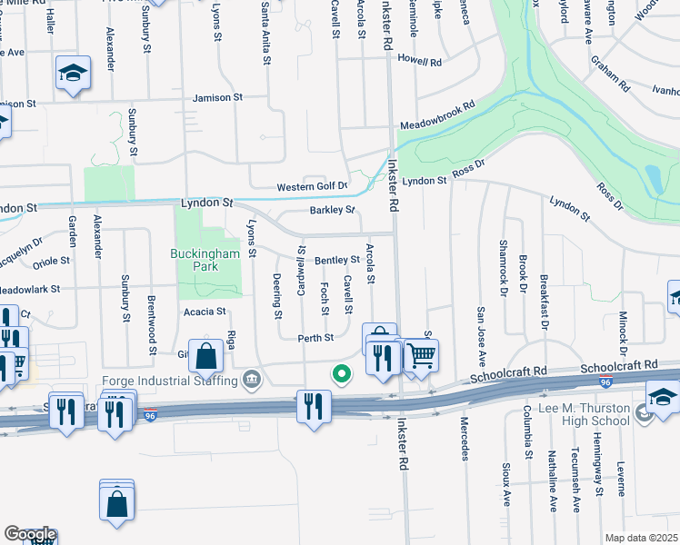 map of restaurants, bars, coffee shops, grocery stores, and more near 14242 Foch Street in Livonia