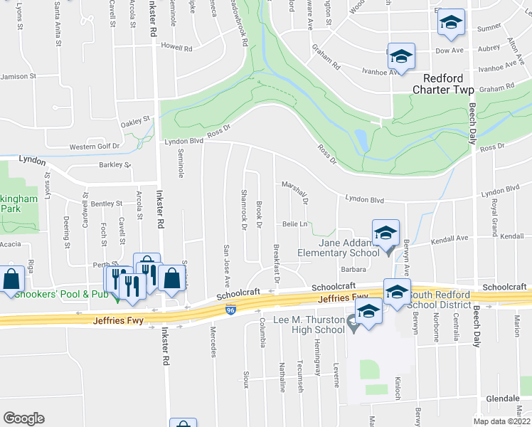 map of restaurants, bars, coffee shops, grocery stores, and more near 14158 Brook Drive in Redford Charter Township