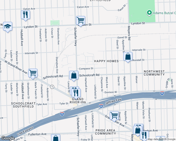 map of restaurants, bars, coffee shops, grocery stores, and more near 13361 Compass Street in Detroit