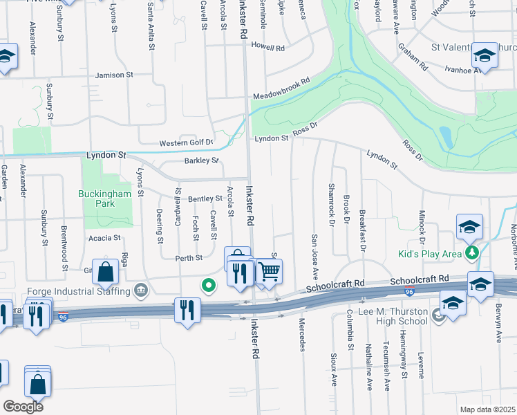 map of restaurants, bars, coffee shops, grocery stores, and more near 14224 Inkster Rd in Redford Charter Township