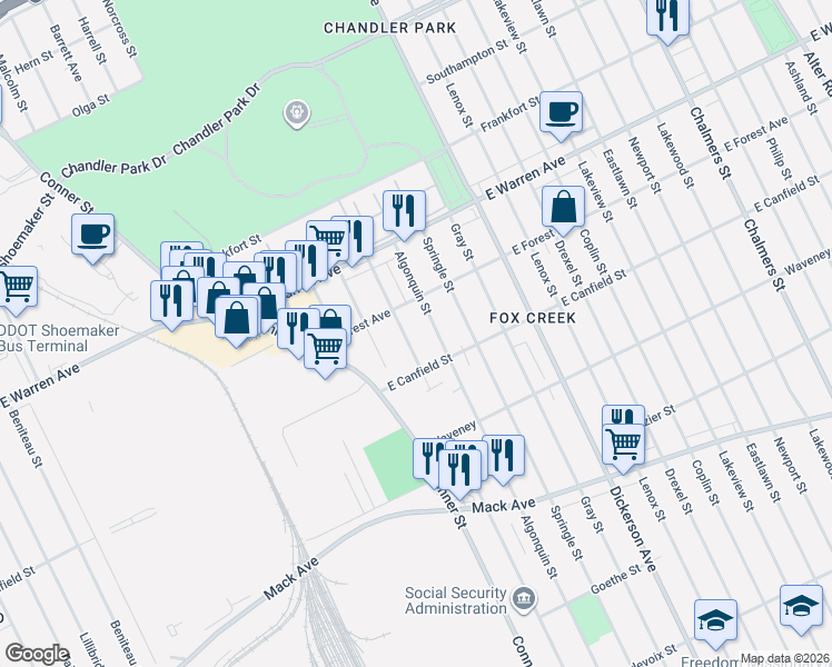 map of restaurants, bars, coffee shops, grocery stores, and more near 4658 Anderdon Street in Detroit