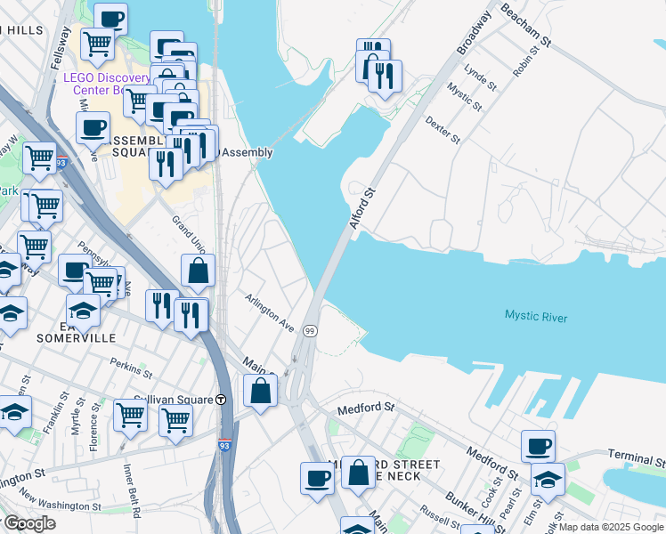 map of restaurants, bars, coffee shops, grocery stores, and more near Alford Street in Boston